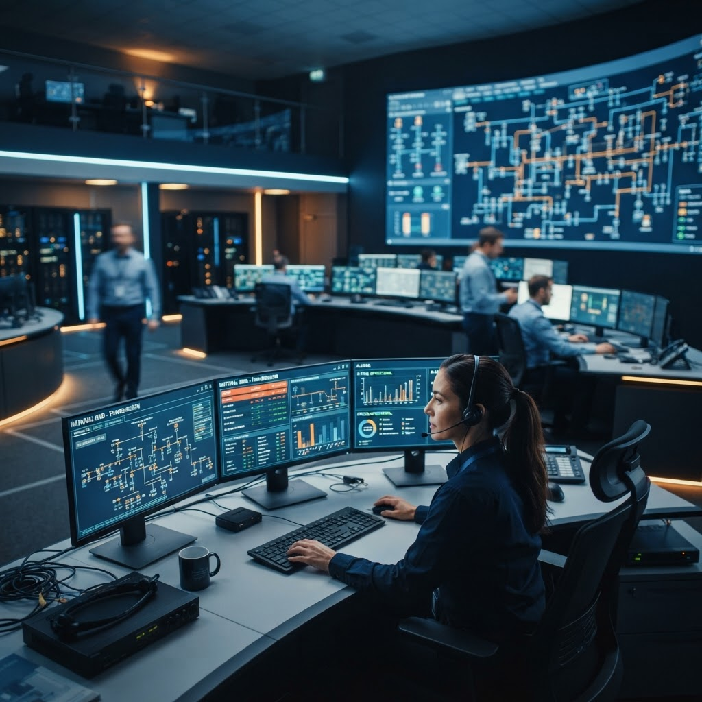 Engineers monitoring a modern electrical control room with SCADA displays